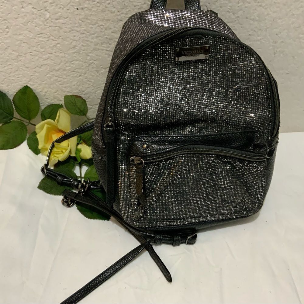 Discontinued Victoria's Secret Silver Sparkle Studded Small City Mini Backpack - Picture 4 of 14